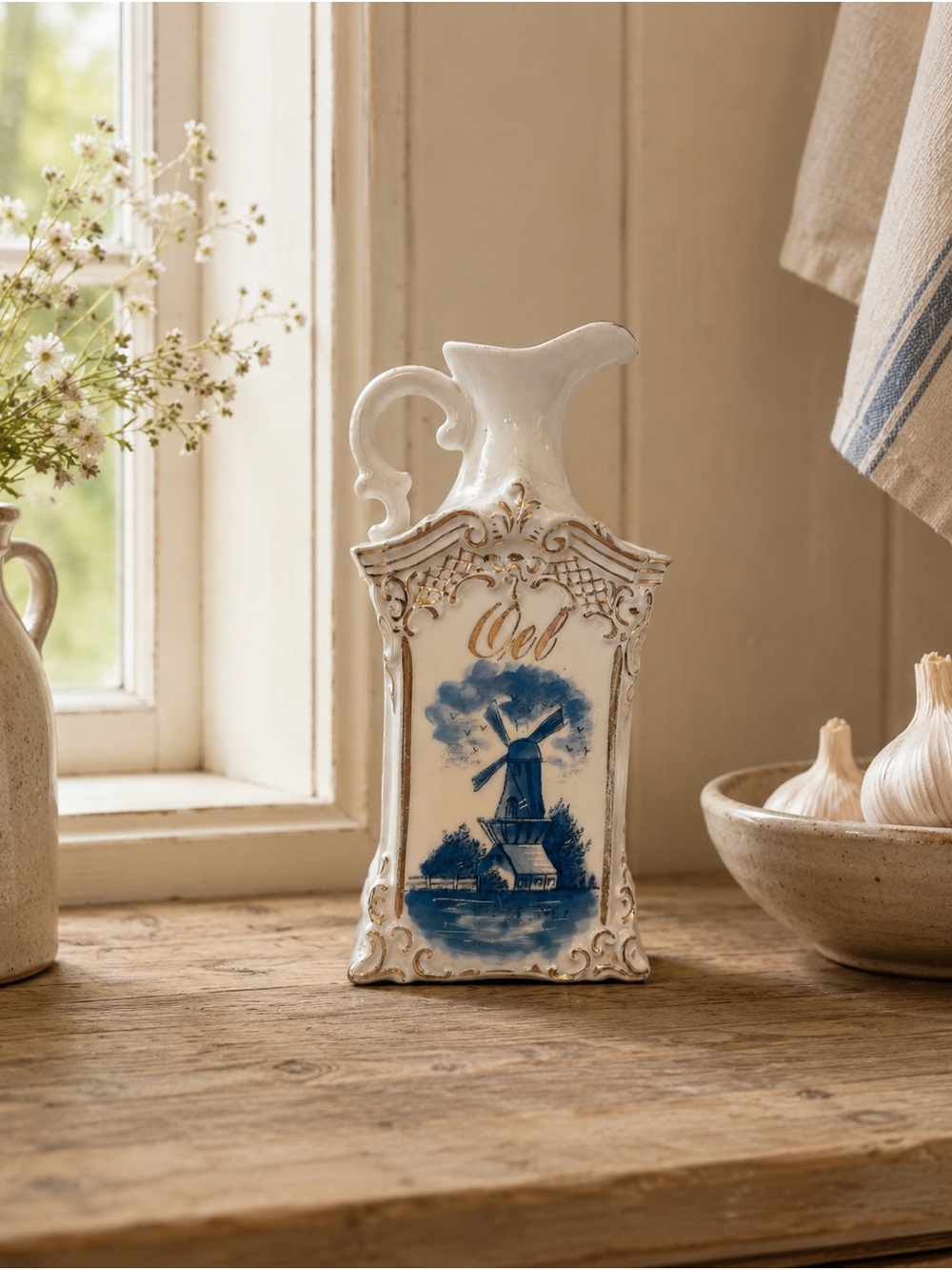 Vintage Blue & White Ceramic Oil Pitcher